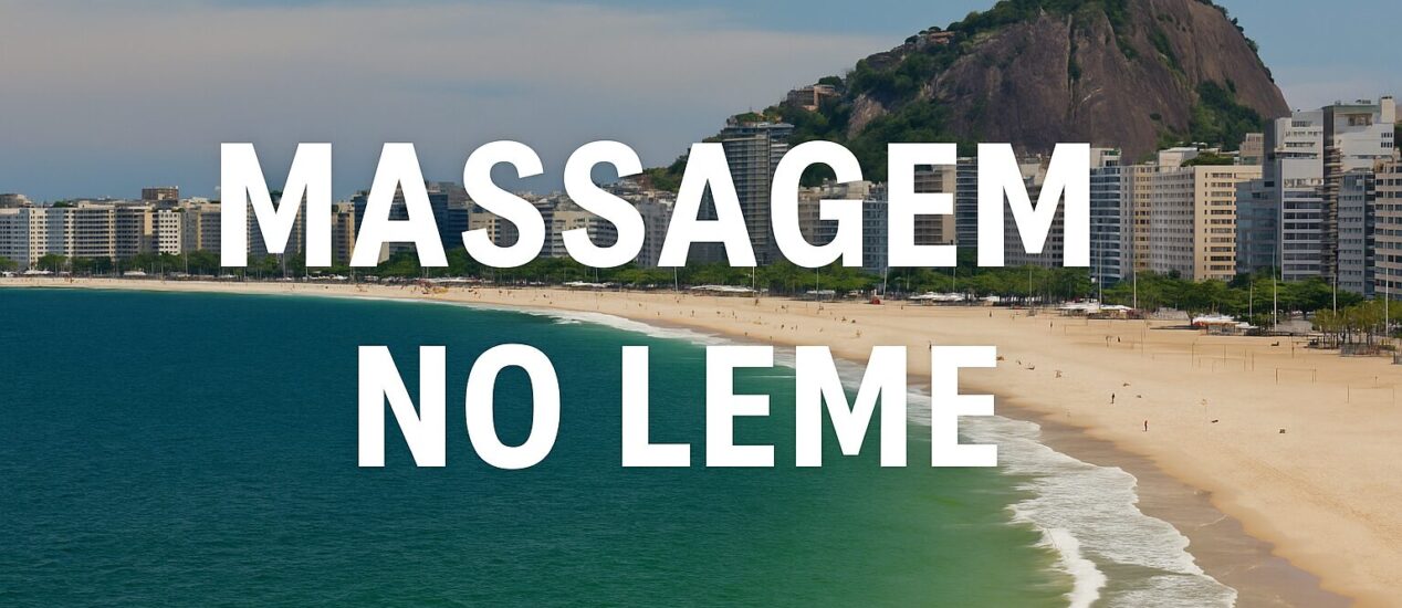 Praia do Leme no Rio de Janeiro com vista panorâmica e texto “Massagem no Leme” sobreposto.
